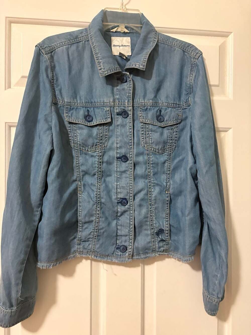 Tommy Bahama Denim Jacket Blue Chambray Frayed Hem